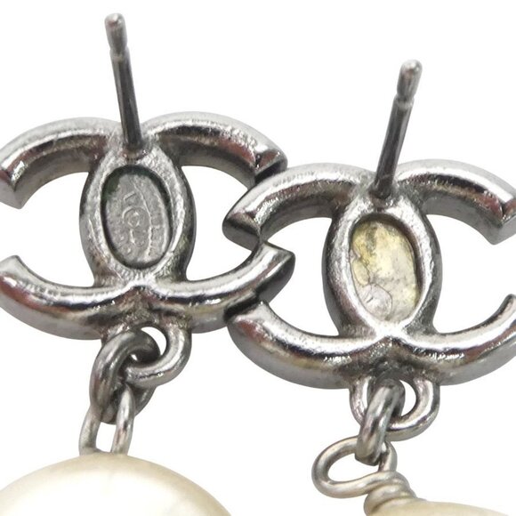 CHANEL White Pearl Logo Earrings